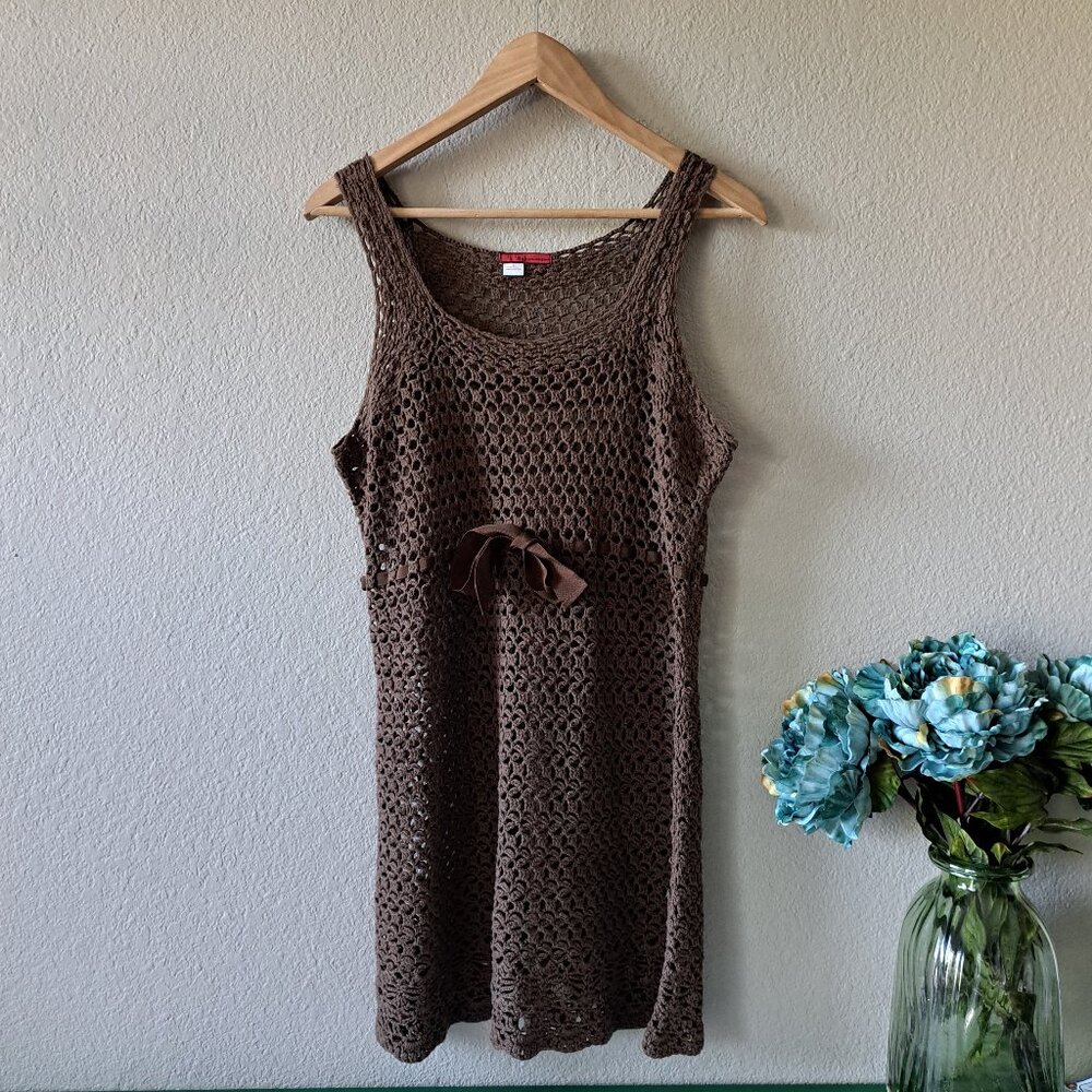 Tape Measure Vintage Bohemian Brown Sleeveless Crochet Dress Size Large